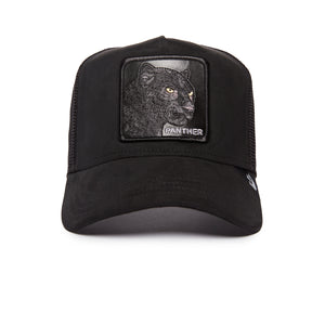 Black baseball cap with a panther patch and the word 