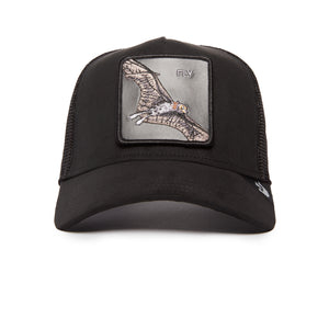 Black baseball cap with a flying BAT design and the word 