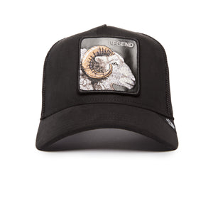 Black baseball cap with an embroidered patch featuring a ram's head and the word 