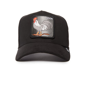 Black baseball cap with an embroidered patch featuring a rooster.