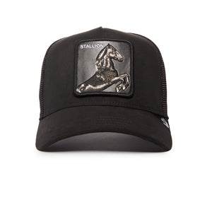 Black suede baseball cap with an embroidered horse patch labeled 