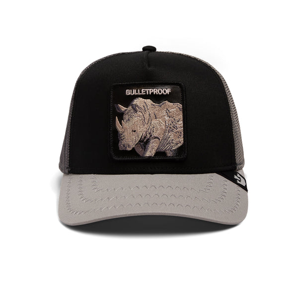 A black and gray trucker cap with a rhinoceros patch labeled "BULLETPROOF."