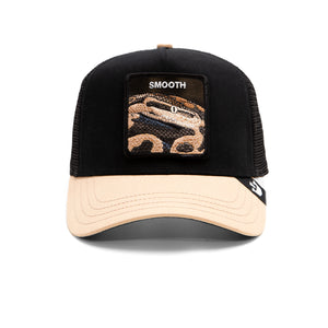 Black and tan baseball cap with a snake design patch on the front panel.