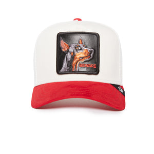 White and red baseball cap with a 