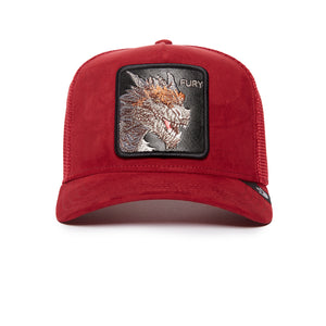 A red cap with an embroidered patch featuring a roaring dragon and the word 