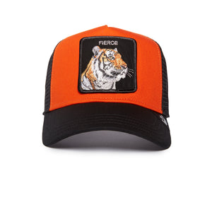 Orange and black trucker hat with an embroidered patch featuring a tiger and the word 