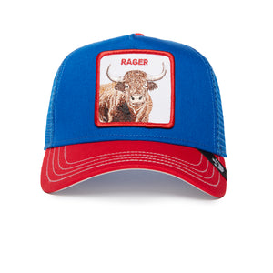 Blue and red trucker hat with an embroidered bull and the word 