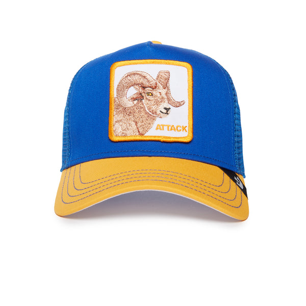 Blue and yellow trucker hat with a ram patch labeled "ATTACK".