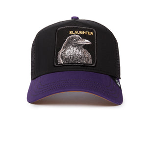 Black and purple trucker hat with a raven design and the word 