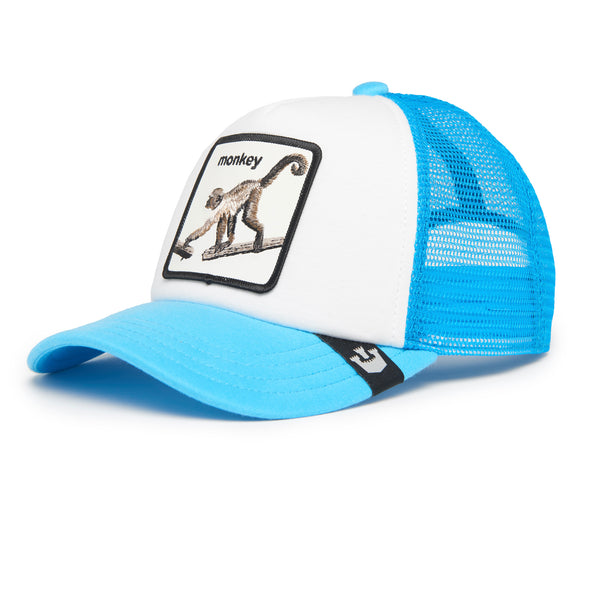 Blue and white trucker hat with a monkey emblem on the front.