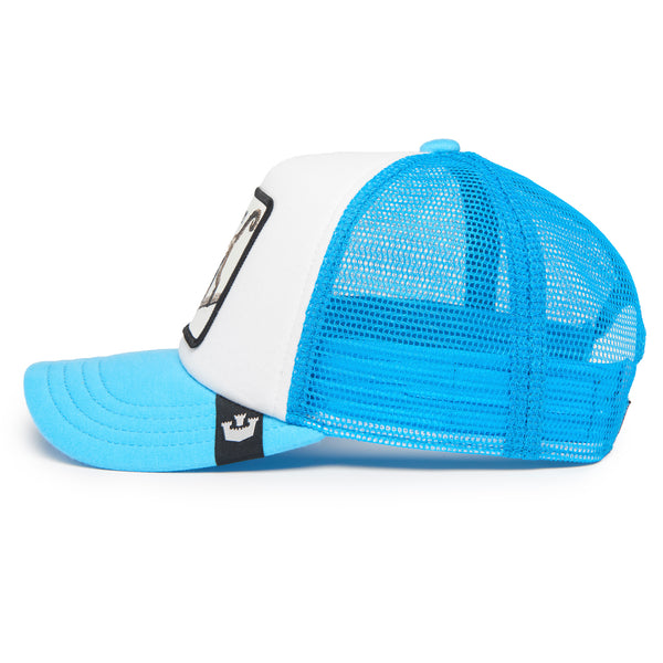 White and blue trucker hat with mesh back and adjustable strap.