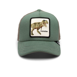 Green baseball cap with a dinosaur patch labeled 