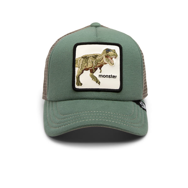 Green baseball cap with a dinosaur patch labeled "monster" on the front.