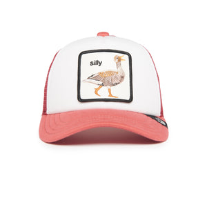 White and pink baseball cap with an embroidered patch featuring a bird and the word 