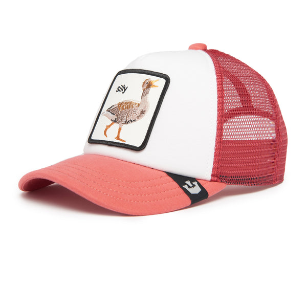 White and pink baseball cap with an embroidered patch featuring a bird and the word "silly."