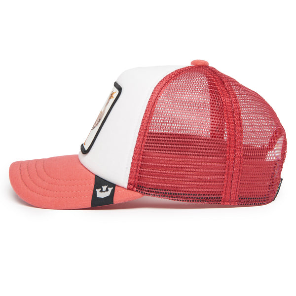 White and pink baseball cap with an embroidered patch featuring a bird and the word "silly."