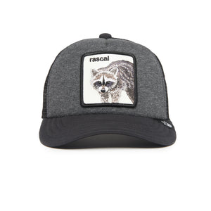 A gray and black baseball cap with a raccoon patch labeled 'rascal.'