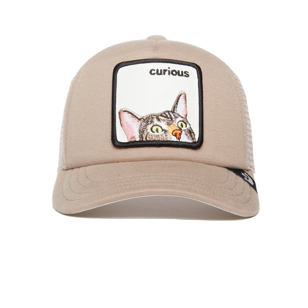 Beige baseball cap with a cat face patch that reads "curious".