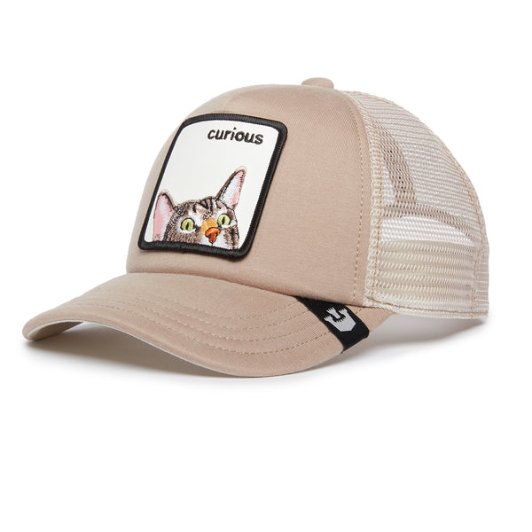 Beige trucker hat with a "curious" cat patch on the front and white mesh back.