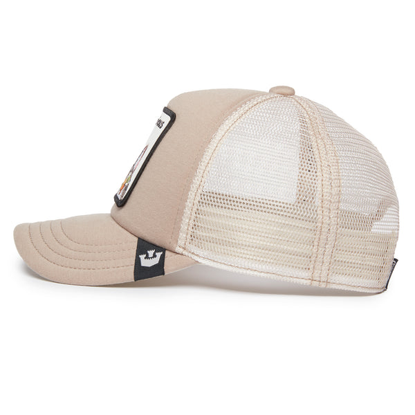 Beige trucker hat with a mesh back and small logo on the side.