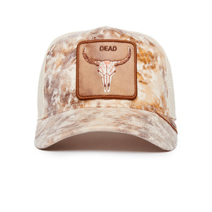 A copper brown baseball cap with a skull and horns patch labeled 