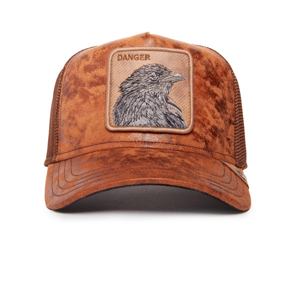 Brown trucker hat with a patch depicting a bird and "DANGER" text on white background.