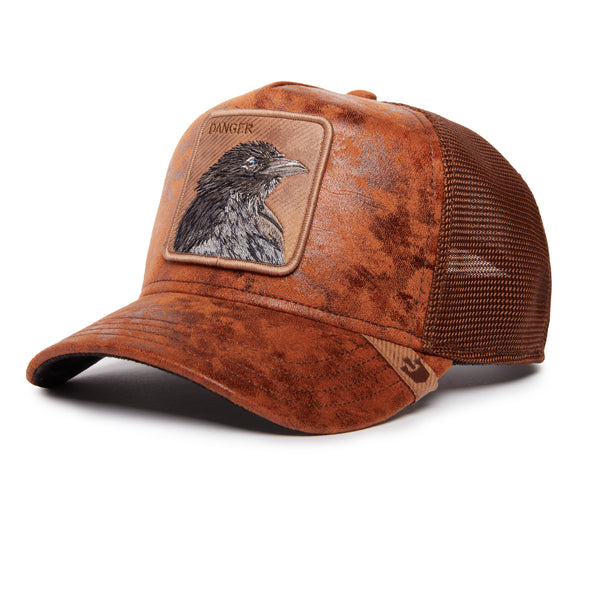 Brown trucker hat with a patch depicting a bird and "DANGER" text on white background.