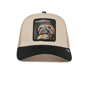 Beige and black cap with an embroidered patch of a sloth and the word 