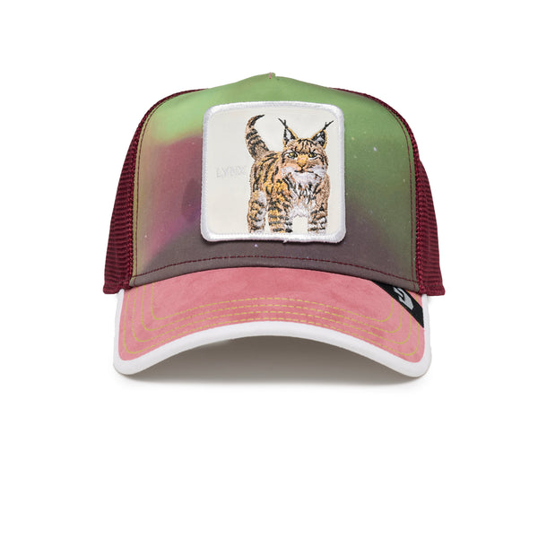 A multicolored baseball cap with a lynx embroidery patch on the front.