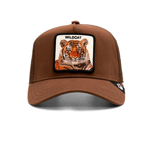 Brown trucker hat with embroidered tiger face and 