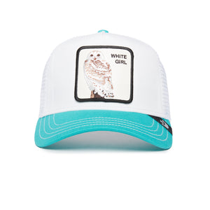 White and turquoise cap with an owl patch labeled 