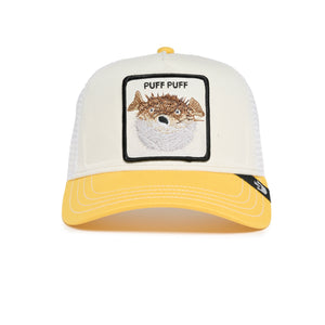 White and yellow baseball cap with embroidered patch reading 