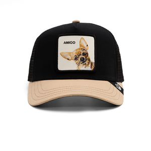 Black and beige baseball cap with a patch depicting a dog and the word 